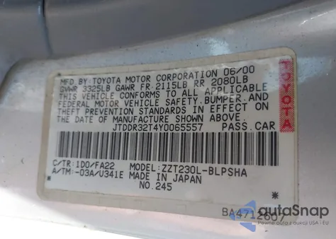 2000 Toyota Celica Gt z USA, uszkodzony, nr VIN JTDDR32T4Y0065557